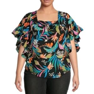 Floral Cotton Square Neck Bell Sleeve Top Blouse Artsy Art To Wear Cottagecore